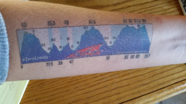 My temporary tattoo of the course profile. I wanted to quit by the backside of that first big climb.